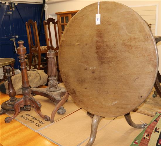 A William IV rosewood table base, one other, two polescreen bases and a tea table W.83cm